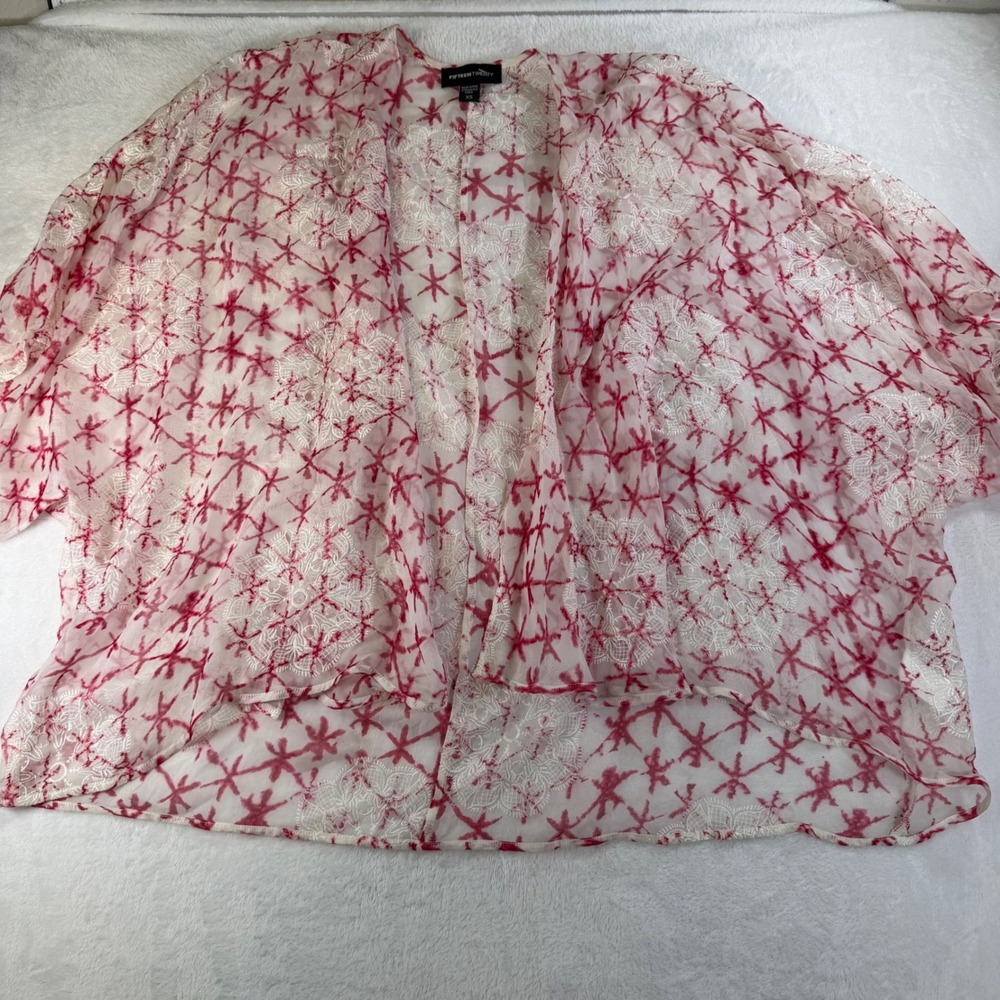Fifteen Twenty 100% Silk Tie Dye Lace Medallion Kimono Top Red White XS USA